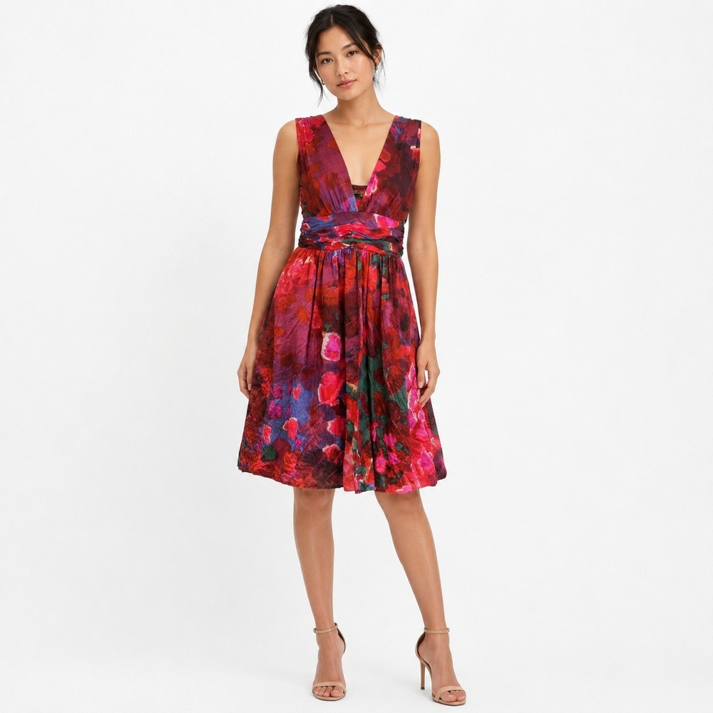 Banana Republic Silk Floral Midi Dress Womens 4P Red Ruched Romantic Cocktail